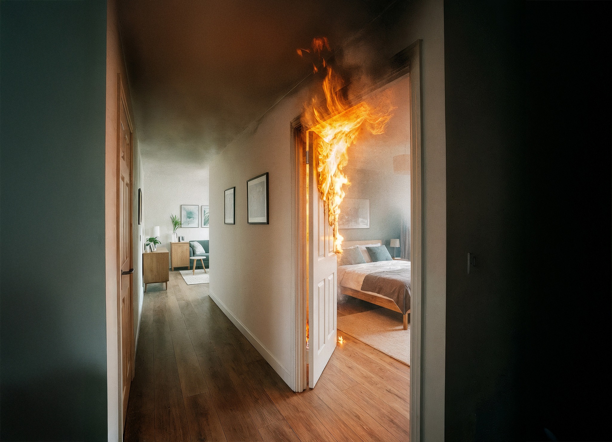 Ein Zimmer brennt - Rauch dringt in den Flur